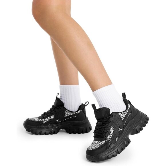 Women Black Chunky Fashion Sneakers Bold Lace-Up Comfortable Sneakers - Picture 6 of 7